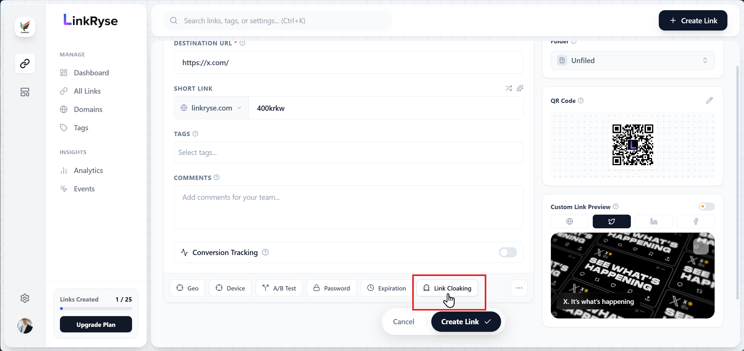 Linkryse Link Builder showing the Cloaking Toggle
