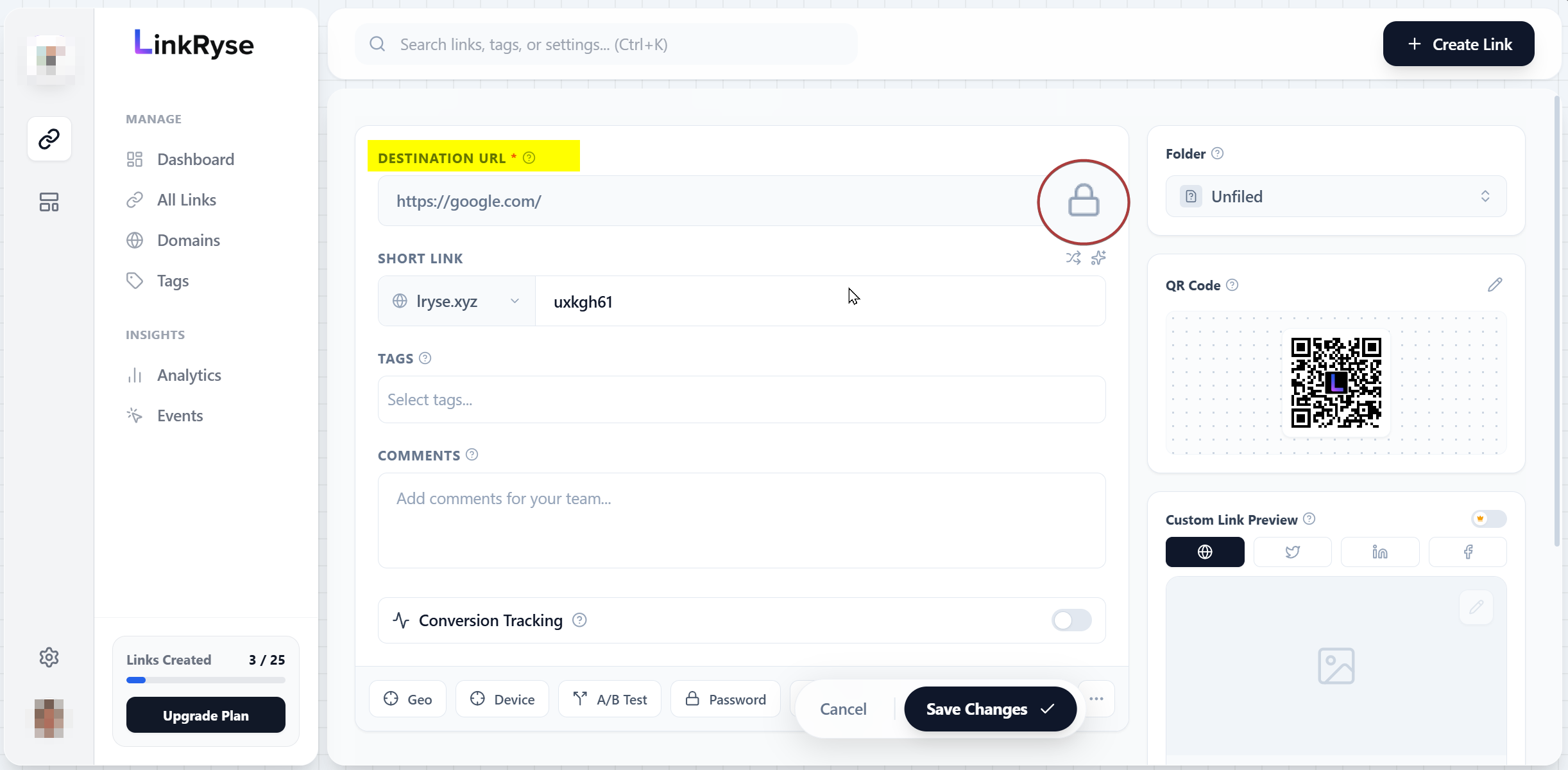 Destination URL field showing a lock icon