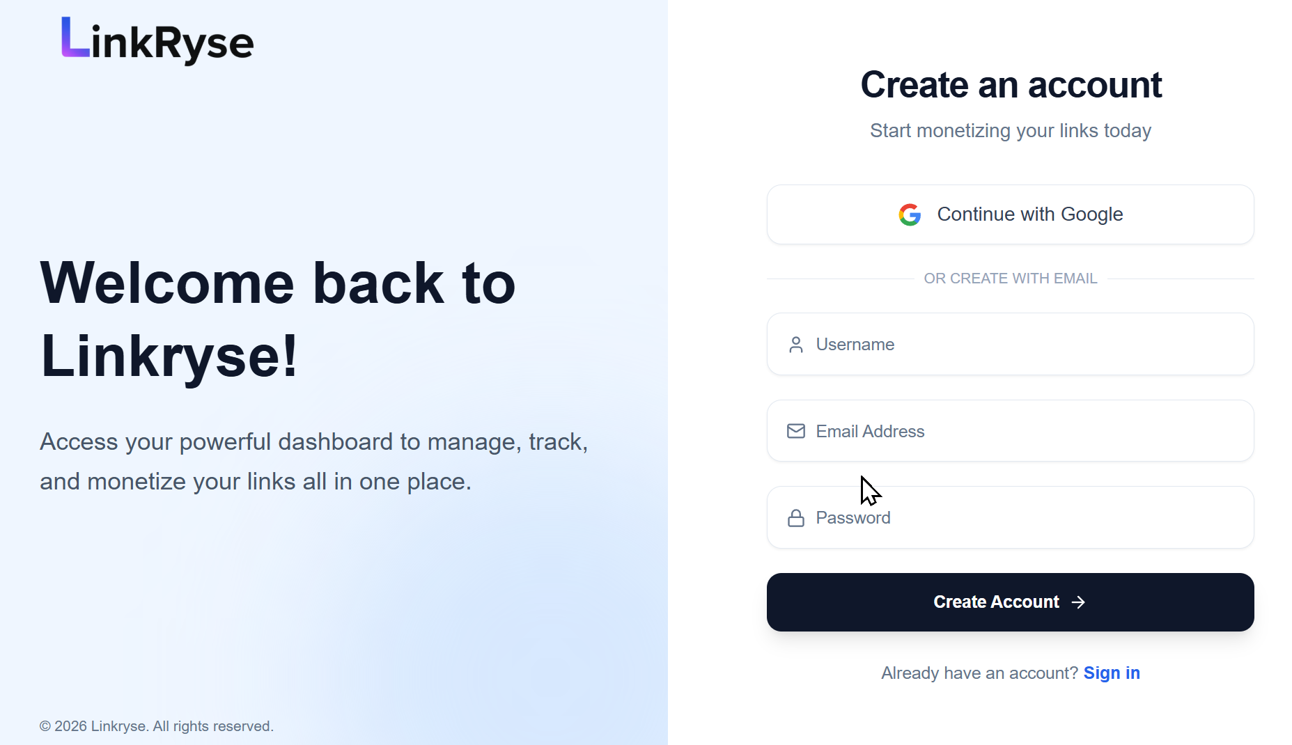 Linkryse Sign Up Form