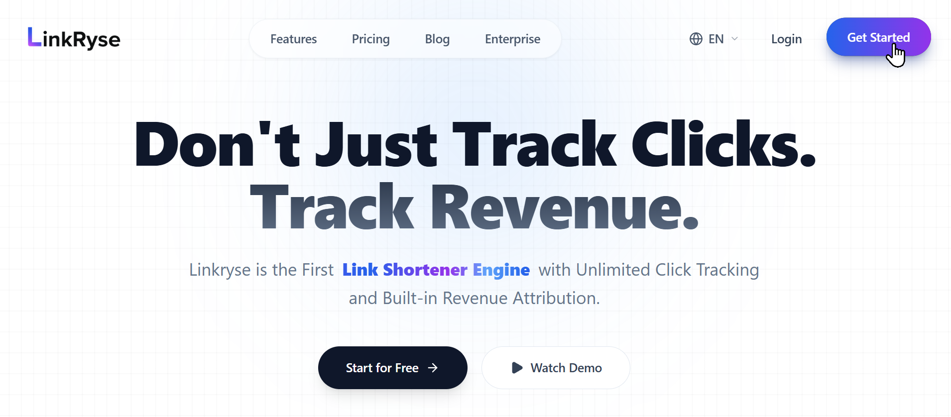 Linkryse Homepage showing the Get Started button